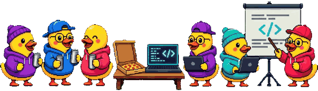 Wide pixel-art scene of a DSEC tech-nerd party: yellow ducks in groups chatting and sipping drinks, sharing pizza, and coding on glowing laptops, gently bobbing in a looped animation